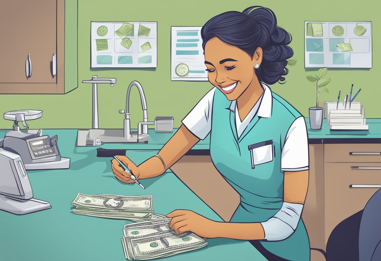A dental assistant in Virginia counting their salary with a smile
